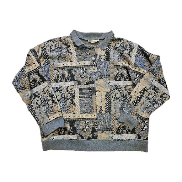 Vtg Paisley Print Patchwork Polo Top Women L Beige Black Artsy Hippie Boho Retro - Picture 1 of 8